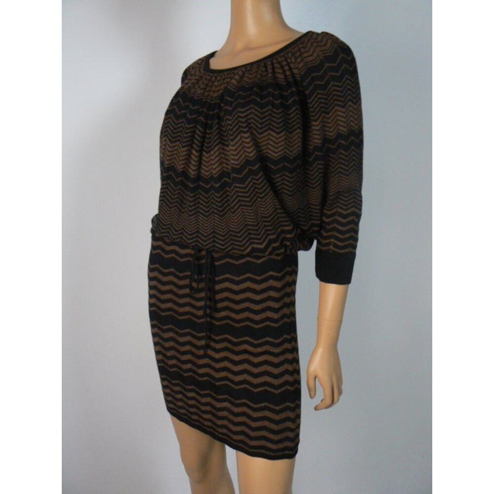 MSSP Max Studio Black Brown Chevron Blouson Knit Sweater Dress XS 0 2 NEW